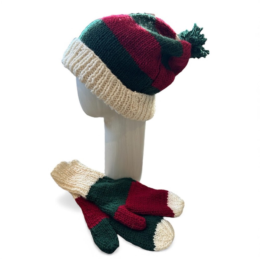 HAND KNIT Toque and Mitten Set - Stripped Cream, Red, and Green